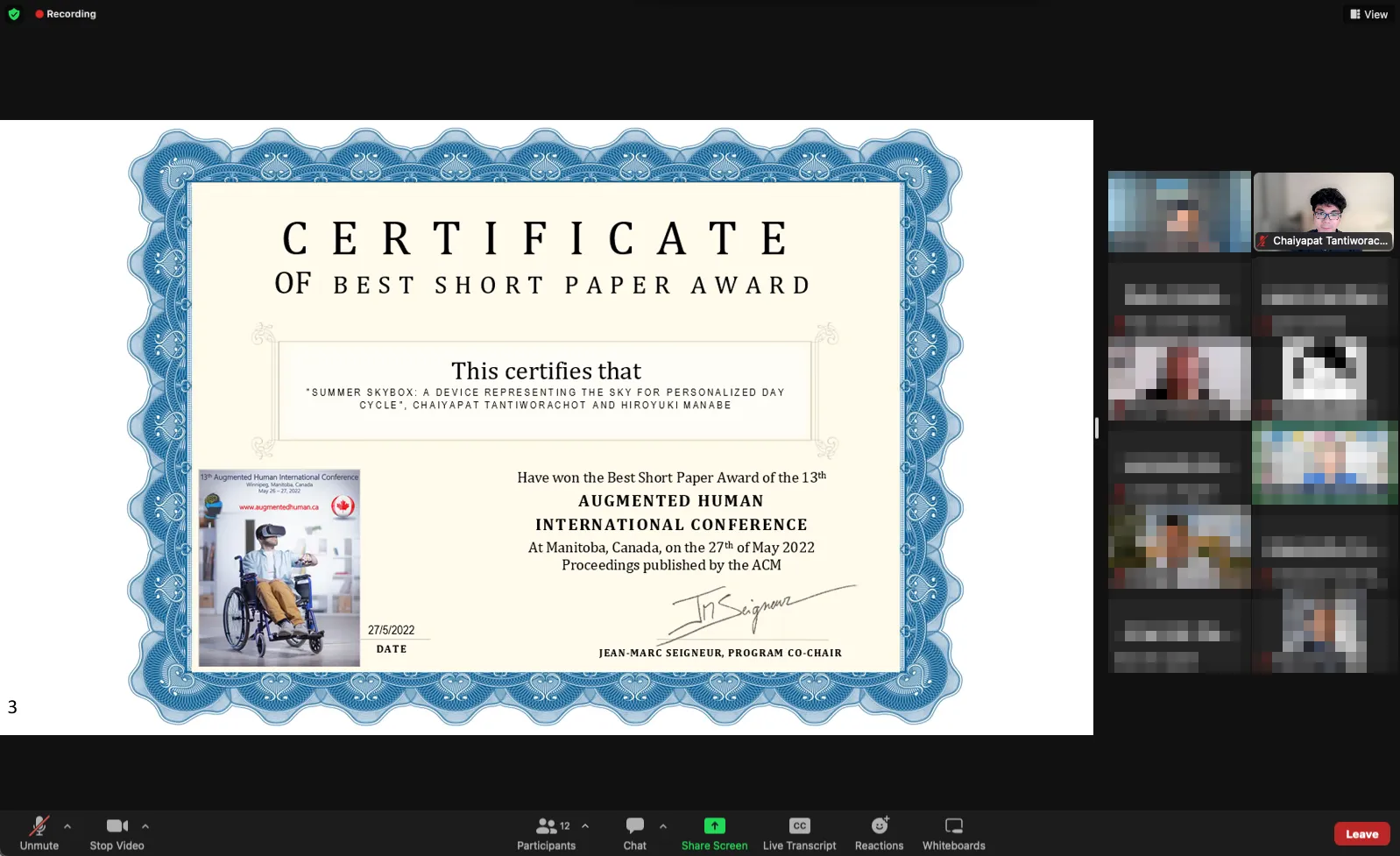 AH Conference 2022にてSummer SkyboxがBest Short Paper awardに選ばれました